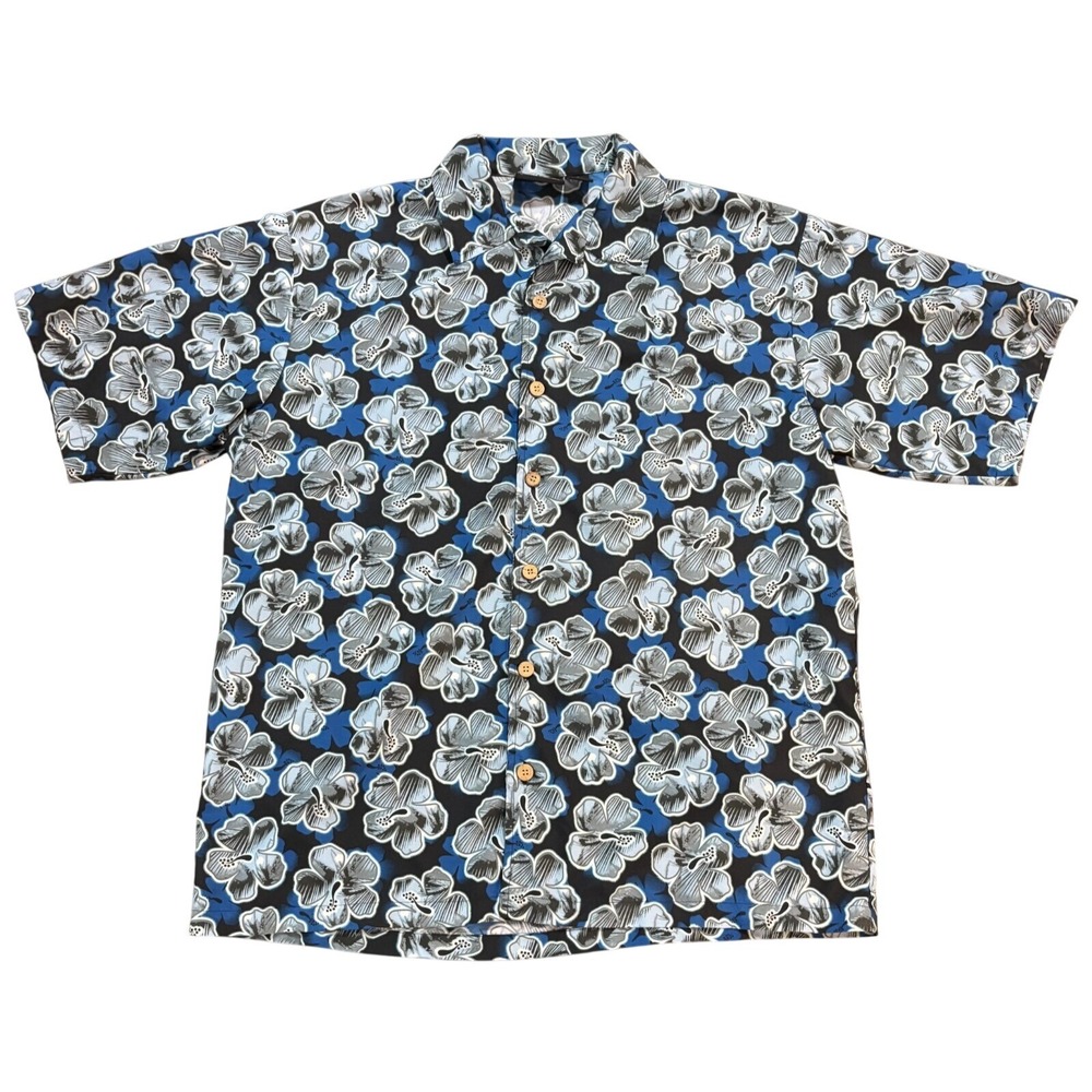 OBO Mens Hibiscus Floral Hawaiian Shirt Blue‎ Black Short Sleeve Large Vintage